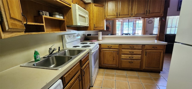 kitchen featuring white appliances, sink, kitchen peninsula, and light tile patterned floors