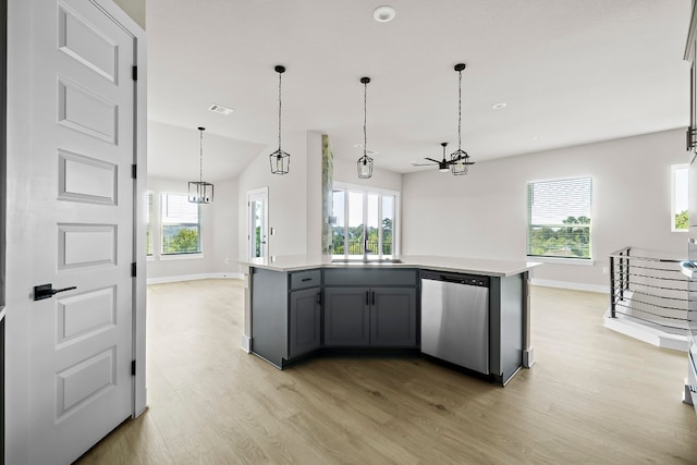 kitchen featuring gray cabinetry, hanging light fixtures, stainless steel dishwasher, plenty of natural light, and a kitchen island