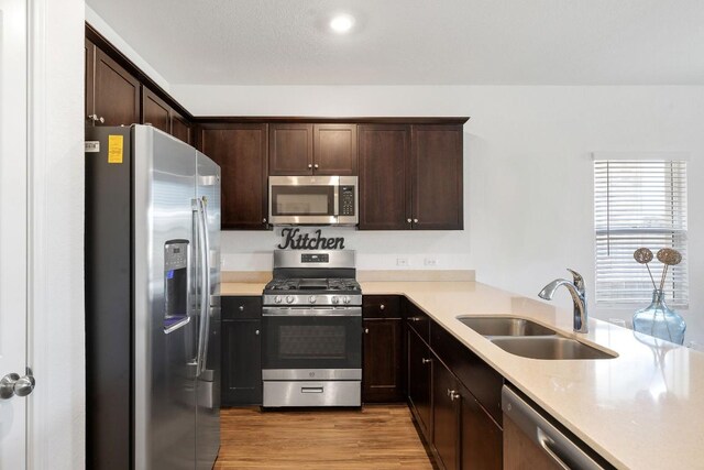 kitchen with appliances with stainless steel finishes, dark brown cabinets, sink, and light hardwood / wood-style floors