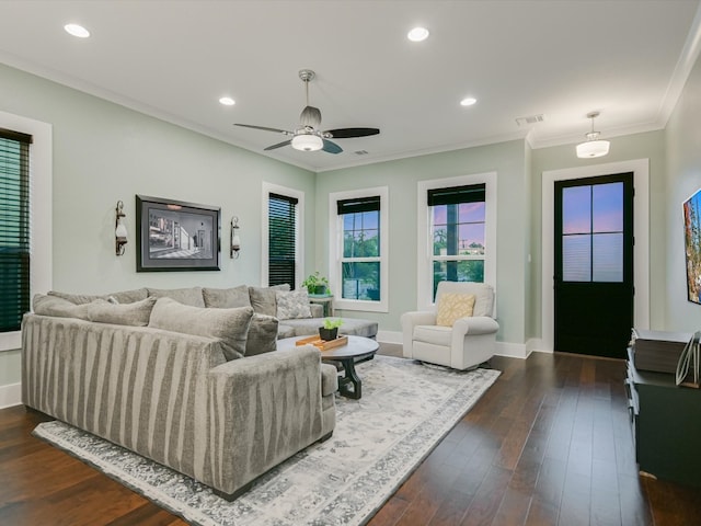 living room featuring dark hardwood / wood-style flooring, ceiling fan, and crown molding