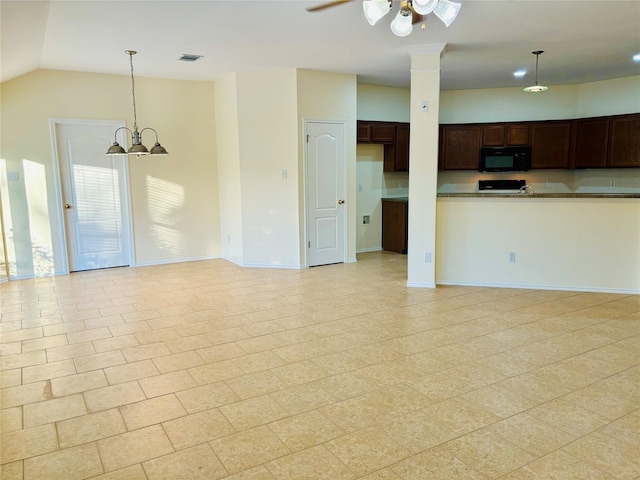 interior space with lofted ceiling and ceiling fan with notable chandelier