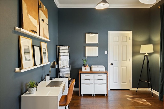 office space with dark wood-type flooring and ornamental molding