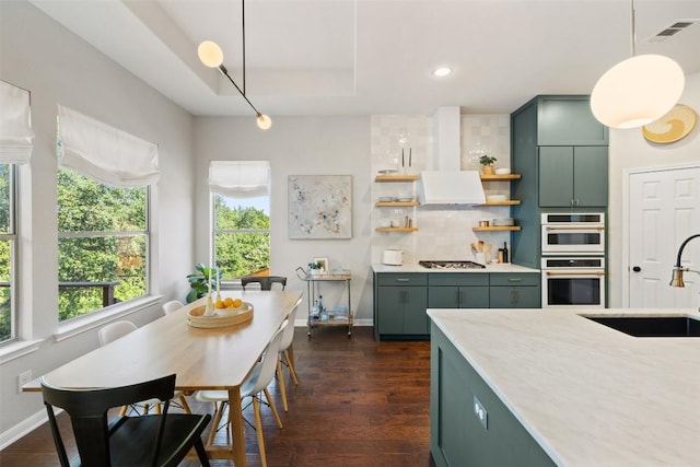 kitchen with appliances with stainless steel finishes, dark hardwood / wood-style floors, a tray ceiling, sink, and green cabinetry