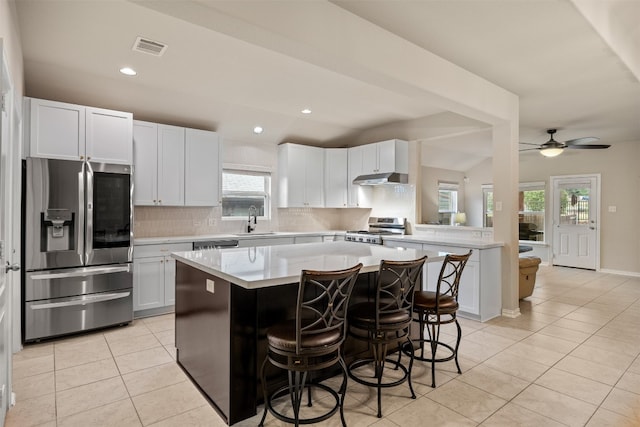 kitchen with appliances with stainless steel finishes, ceiling fan, sink, white cabinets, and a center island