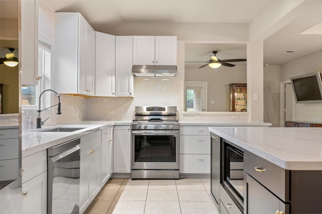 kitchen featuring appliances with stainless steel finishes, white cabinetry, ceiling fan, and sink