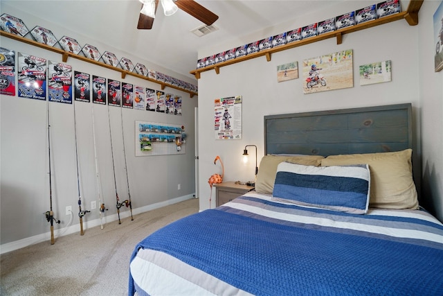 bedroom with ceiling fan and light colored carpet