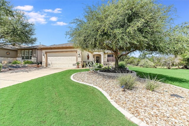 single story home with a front lawn and a garage