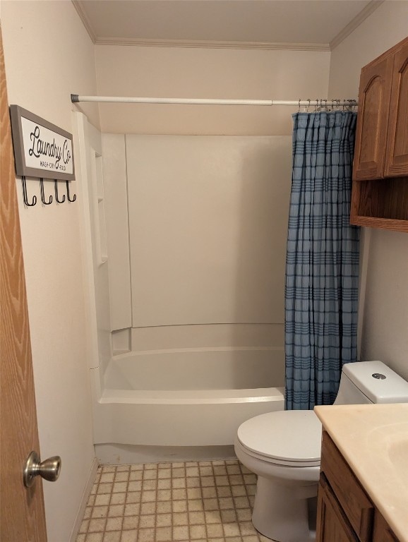 full bathroom featuring toilet, shower / bath combination with curtain, ornamental molding, tile patterned flooring, and vanity