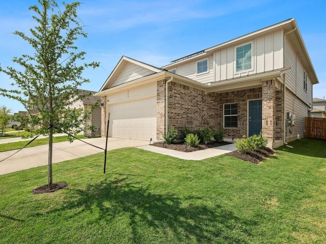 traditional home with driveway, a front lawn, board and batten siding, and brick siding