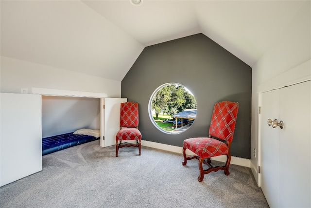 sitting room with lofted ceiling and carpet