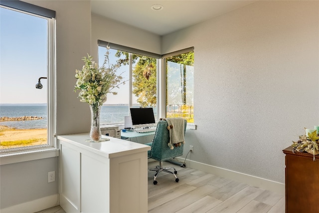 home office featuring light hardwood / wood-style flooring and a water view