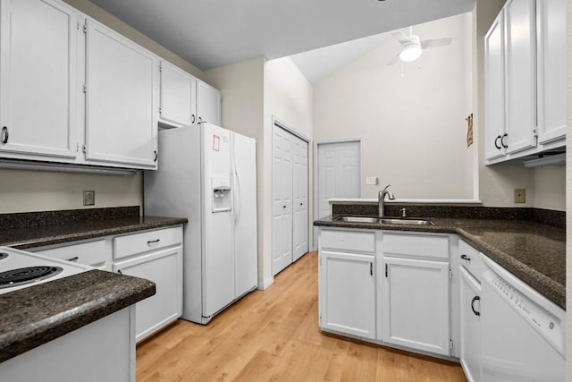 kitchen with white cabinetry, sink, ceiling fan, white appliances, and light hardwood / wood-style flooring