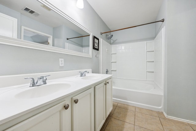 bathroom with dual bowl vanity, shower / tub combination, and tile patterned flooring