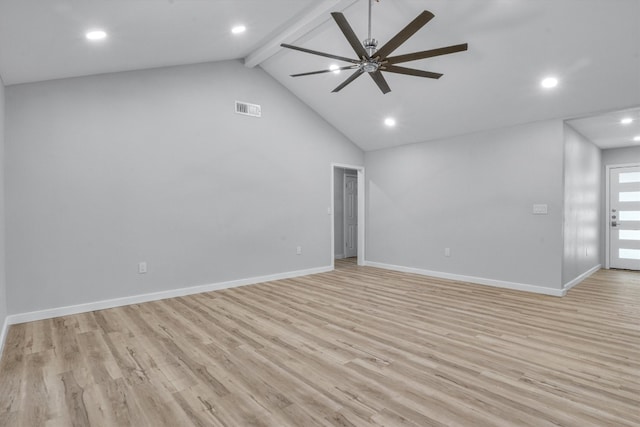 unfurnished room with beam ceiling, light hardwood / wood-style flooring, high vaulted ceiling, and ceiling fan