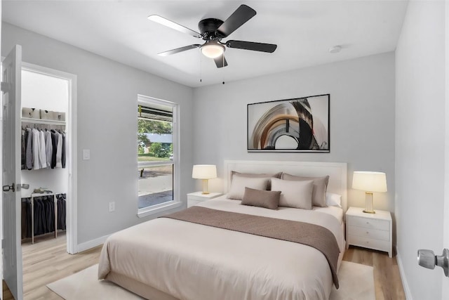 bedroom with light wood-type flooring, a spacious closet, ceiling fan, and a closet