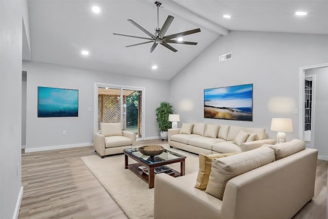 living room with beamed ceiling, ceiling fan, high vaulted ceiling, and light hardwood / wood-style flooring