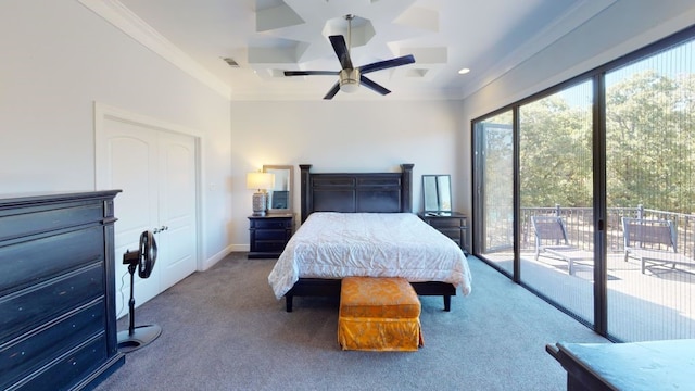 bedroom with carpet flooring, ceiling fan, crown molding, and access to outside