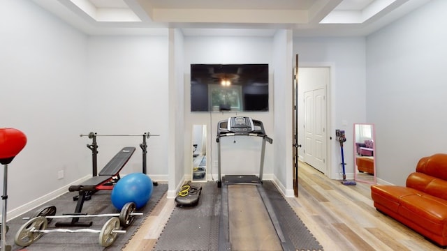 workout area featuring light hardwood / wood-style flooring