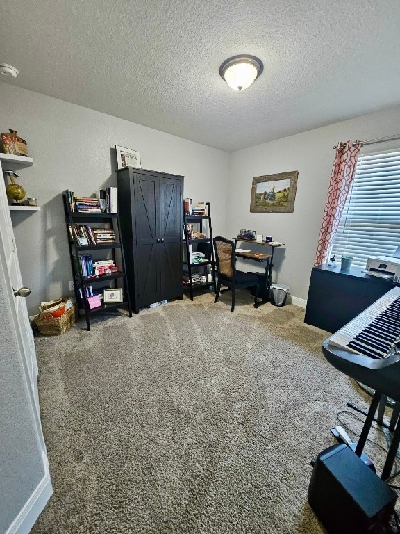 office space with a textured ceiling and carpet flooring