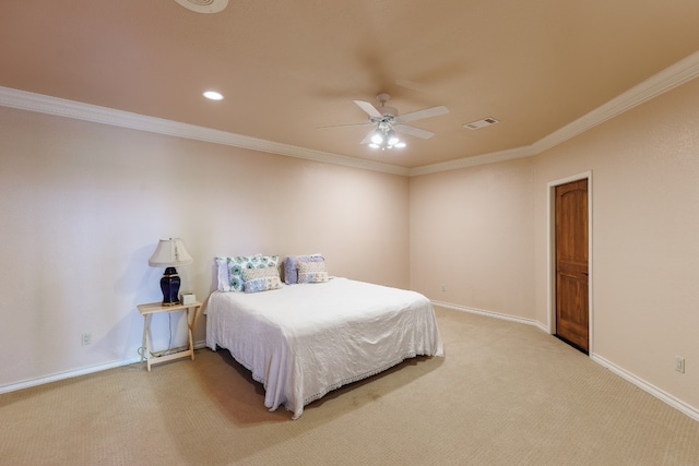 bedroom featuring carpet, ornamental molding, and ceiling fan