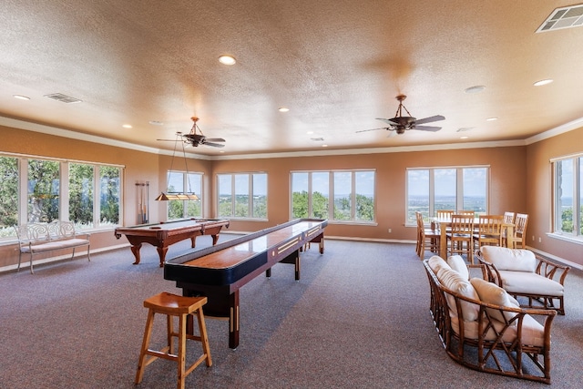 playroom featuring crown molding, a textured ceiling, carpet flooring, ceiling fan, and billiards