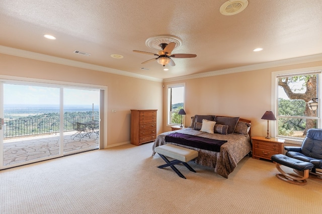 bedroom with ceiling fan, ornamental molding, light carpet, and access to exterior