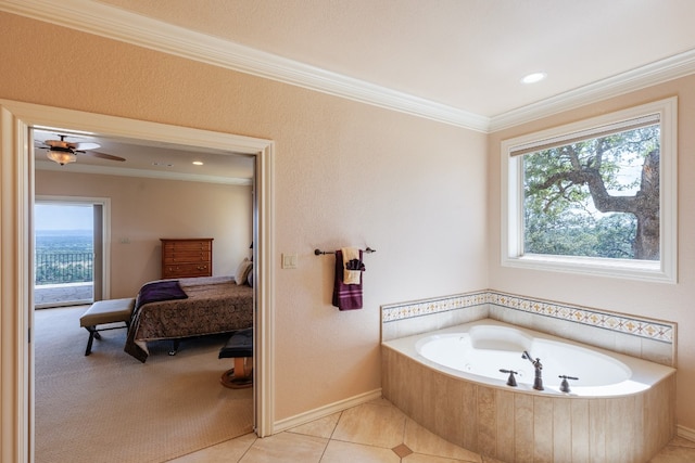 bathroom with ceiling fan, crown molding, tile patterned floors, and a bathtub