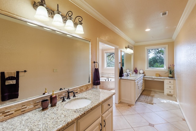 bathroom featuring dual vanity, tile patterned floors, and crown molding