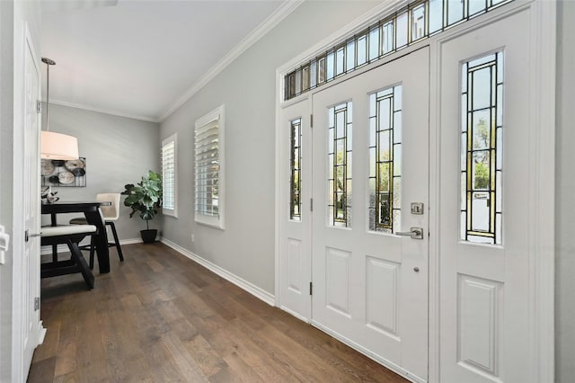 foyer entrance featuring crown molding and dark hardwood / wood-style flooring