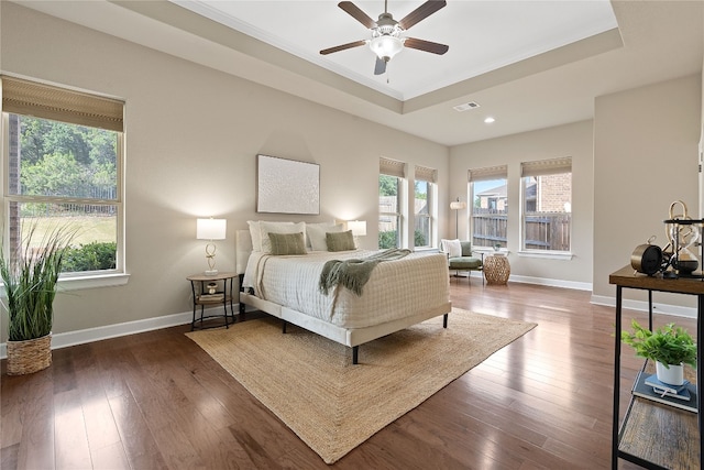 bedroom with ceiling fan, a raised ceiling, and wood-type flooring