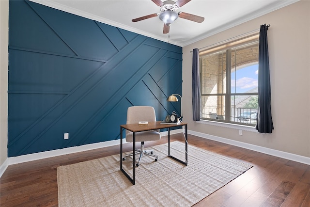 office space with ceiling fan, hardwood / wood-style flooring, and ornamental molding