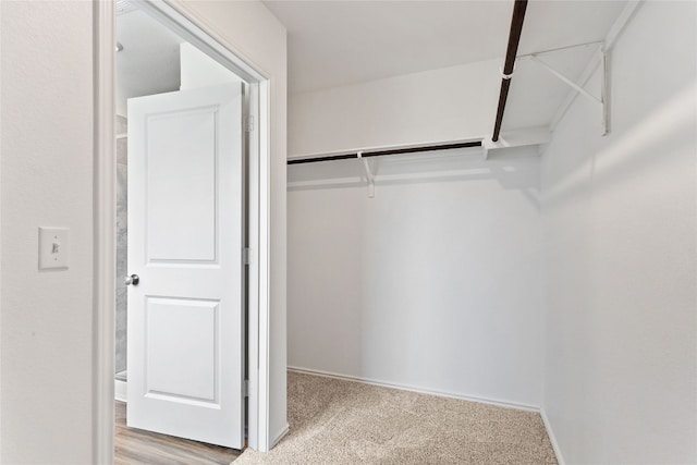 walk in closet featuring light carpet