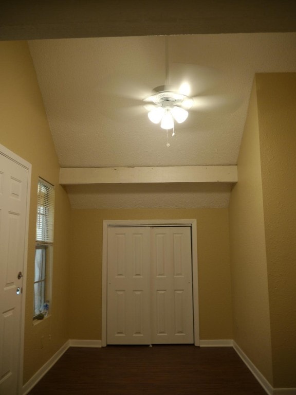 interior space with lofted ceiling, a closet, ceiling fan, and dark hardwood / wood-style flooring