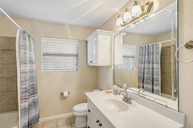 full bathroom with toilet, vanity, shower / bath combination with curtain, and tile patterned flooring