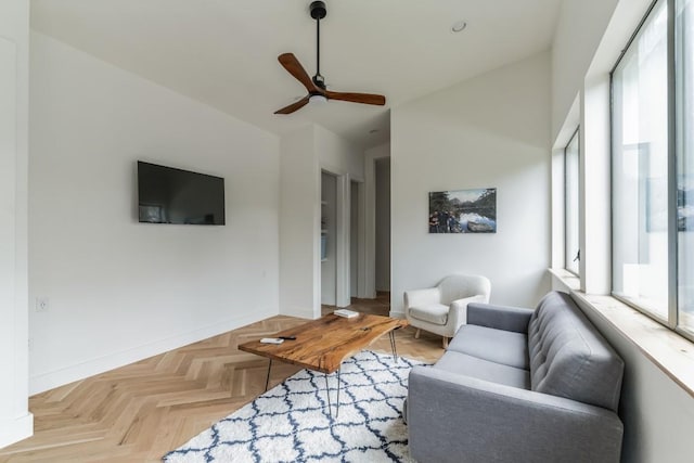 107 Blue Ridge Trl, Austin, TX 78746 - living room with ceiling fan, baseboards, and vaulted ceiling