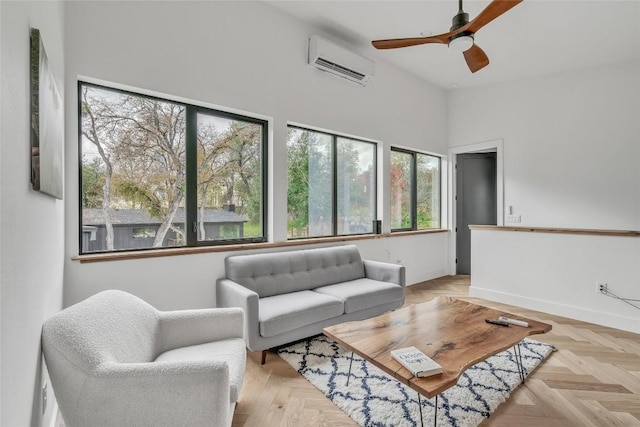 107 Blue Ridge Trl, Austin, TX 78746 - living room featuring a wall mounted AC, ceiling fan, baseboards, and a high ceiling