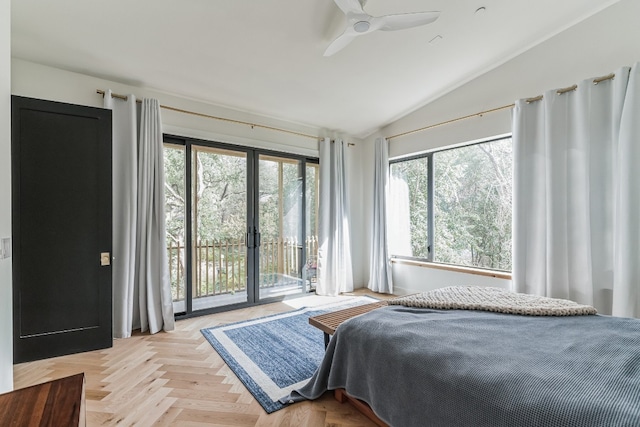 107 Blue Ridge Trl, Austin, TX 78746 - bedroom featuring access to exterior, multiple windows, vaulted ceiling, and a ceiling fan