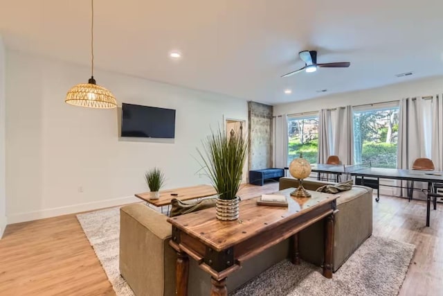 107 Blue Ridge Trl, Austin, TX 78746 - living room with ceiling fan, baseboards, light wood-style floors, and recessed lighting