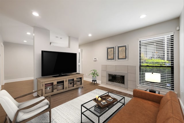 living room featuring dark hardwood / wood-style flooring and a tile fireplace