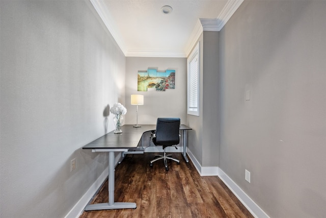 office area with crown molding and hardwood / wood-style floors