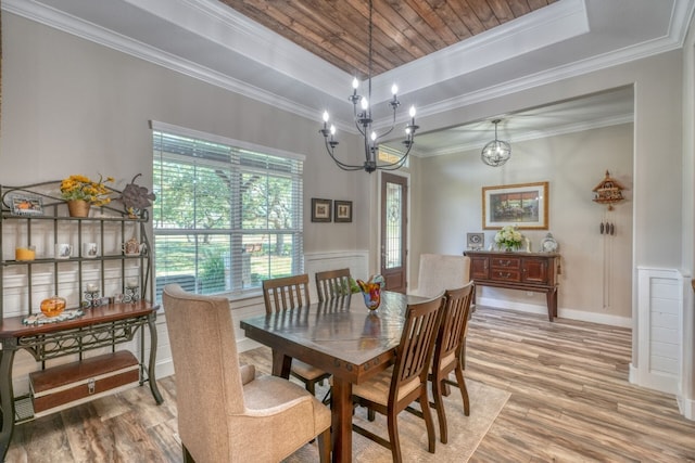 dining space with ornamental molding, a tray ceiling, wood finished floors, and baseboards