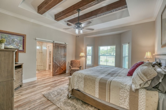 bedroom with a barn door, light wood-style flooring, baseboards, ornamental molding, and beam ceiling