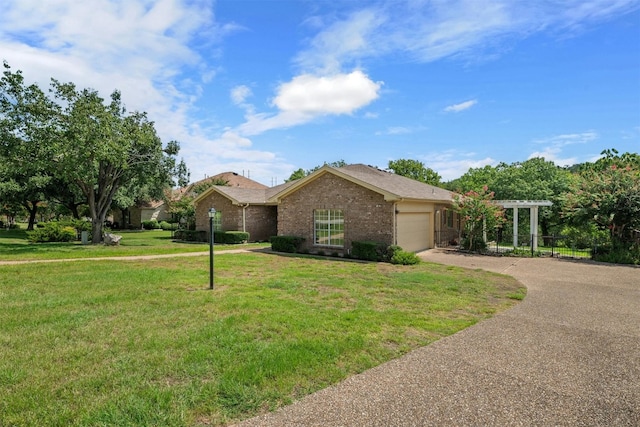 ranch-style house with a front yard and a garage