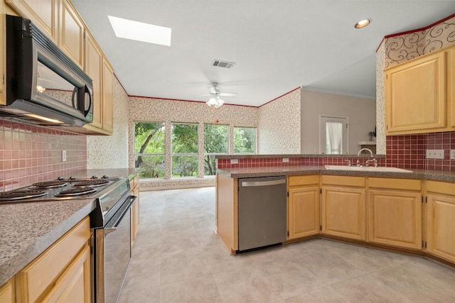 kitchen featuring a skylight, ceiling fan, sink, stainless steel appliances, and ornamental molding