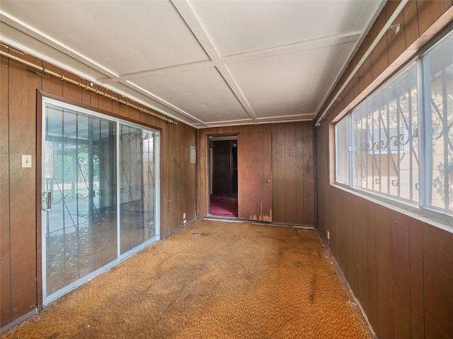 spare room featuring carpet floors and wood walls