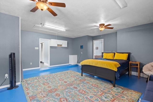 bedroom with ceiling fan and concrete floors