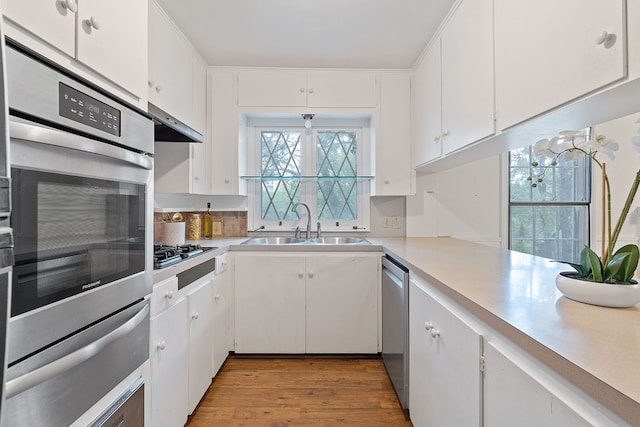 kitchen featuring white cabinets, stainless steel appliances, wood-type flooring, and premium range hood