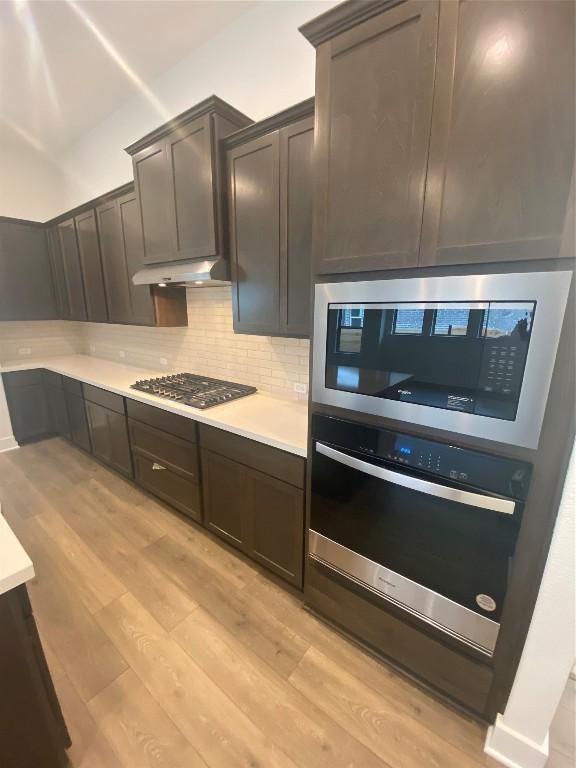 kitchen with stainless steel appliances, dark brown cabinets, light hardwood / wood-style floors, and decorative backsplash