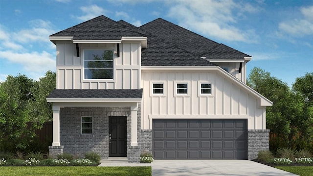 modern farmhouse style home featuring concrete driveway, brick siding, board and batten siding, and roof with shingles