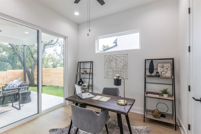 office space with ceiling fan, plenty of natural light, and light hardwood / wood-style floors